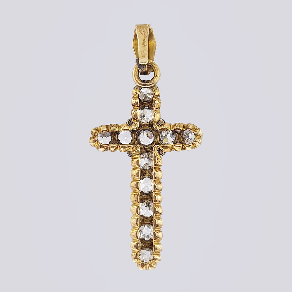 Золотой нательный крест со старинными бриллиантами (Россия, 56 проба, 19 век)