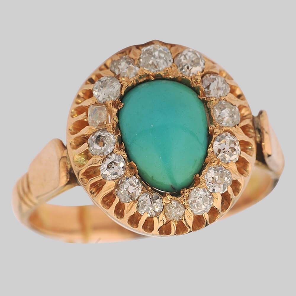 Кольцо в форме «малина» с алмазами и природной бирюзой