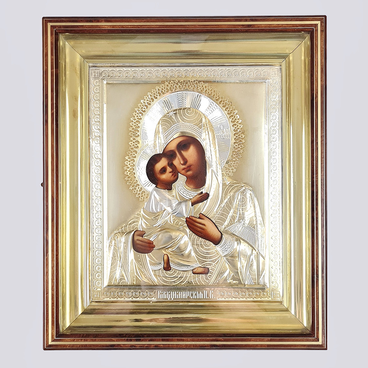 Икона «Владимирская пресвятая Богородица» конца 19 века в серебряном окладе