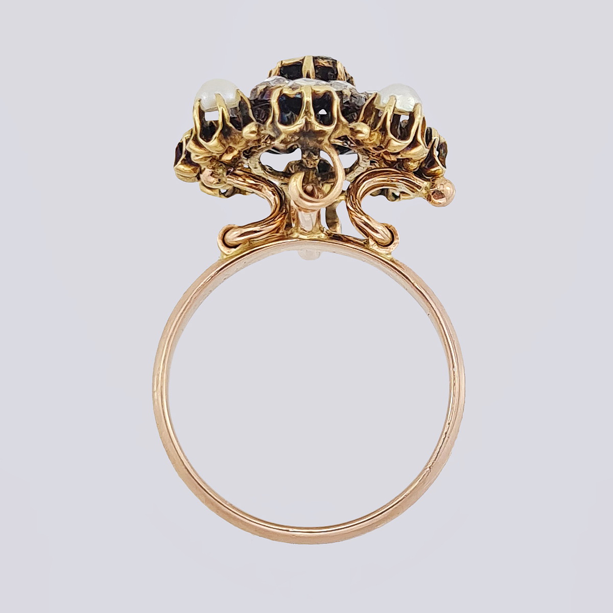 Антикварная золотая брошь-кольцо с алмазами и жемчугом