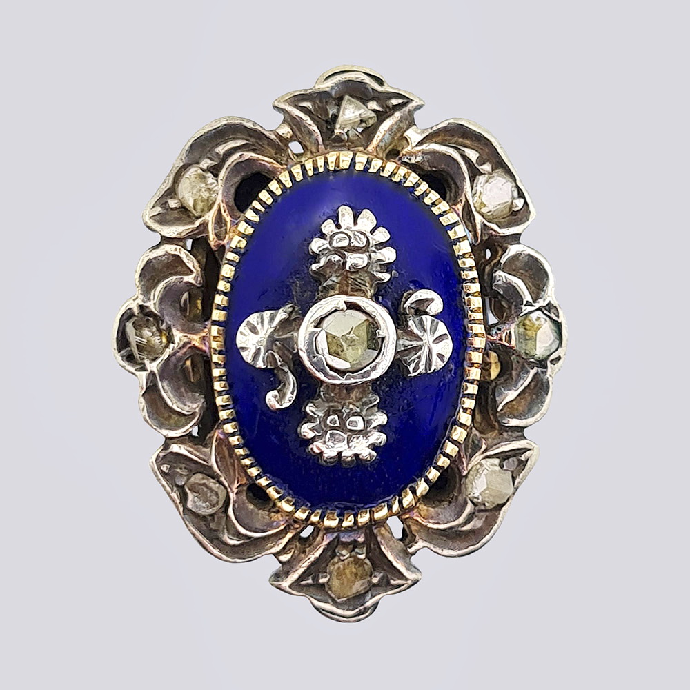 Кольцо с синей эмалью и алмазами из золота 750 пробы 19 века