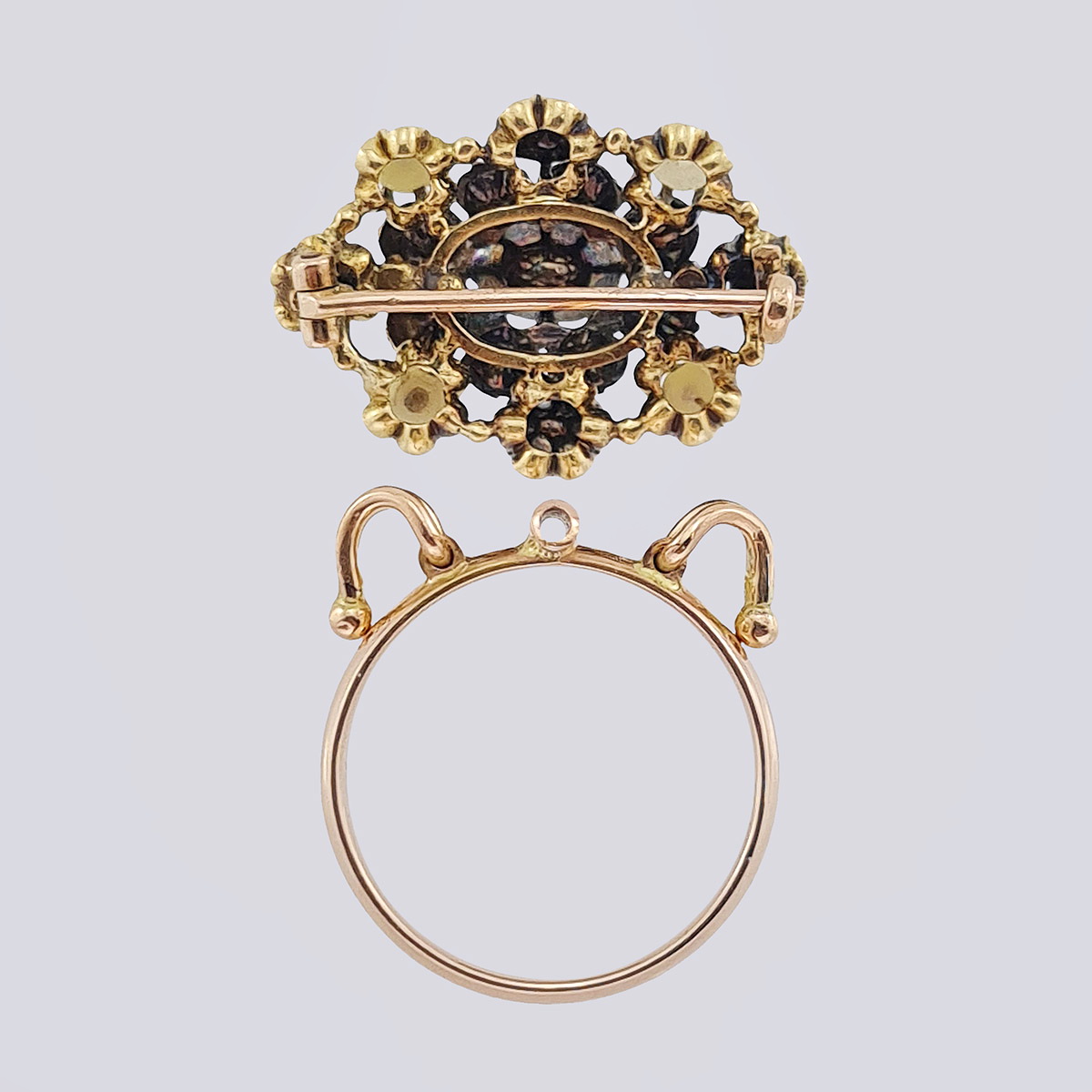 Антикварная золотая брошь-кольцо с алмазами и жемчугом
