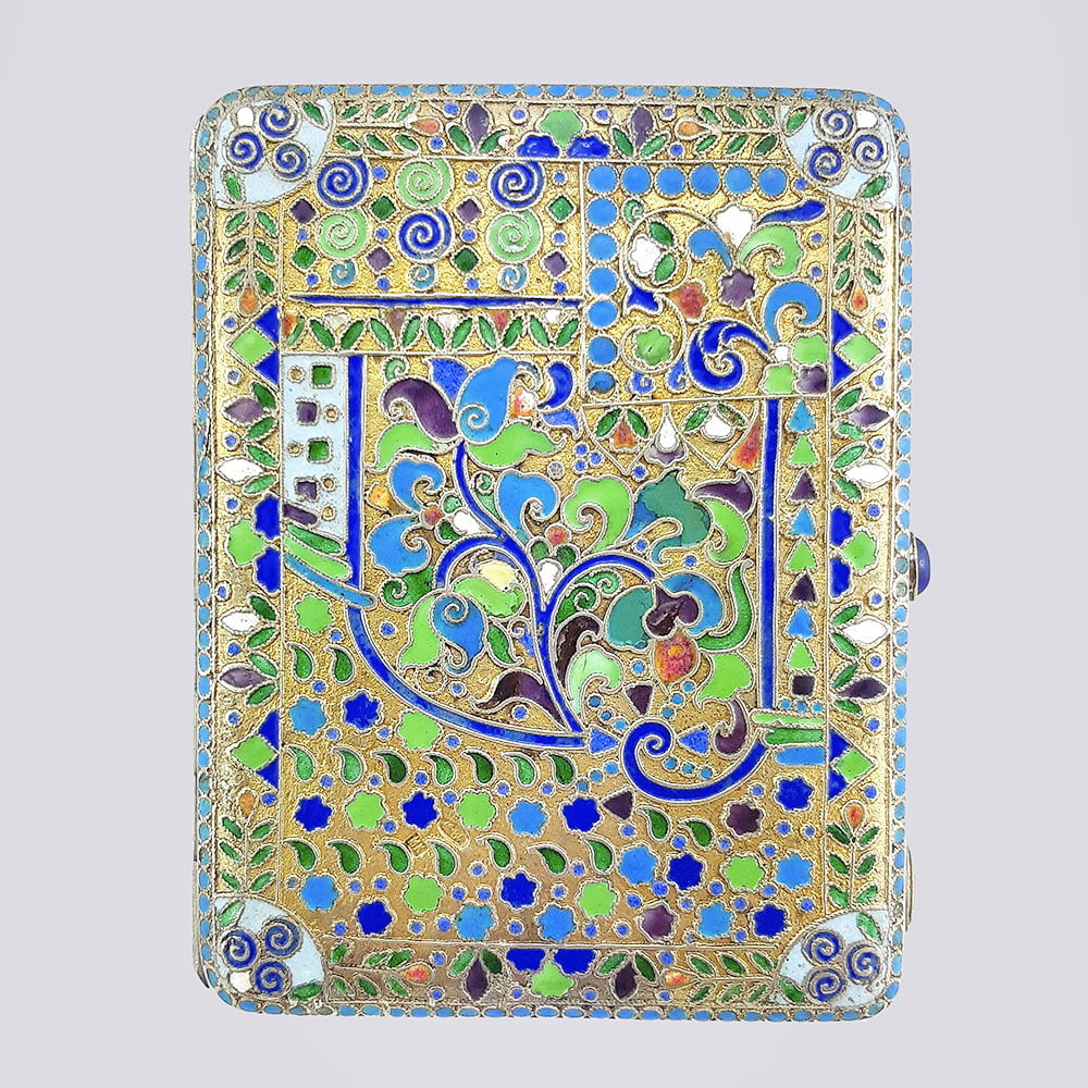 Серебряный портсигар со вставками из эмали и стекла (84 проба, 19 век)