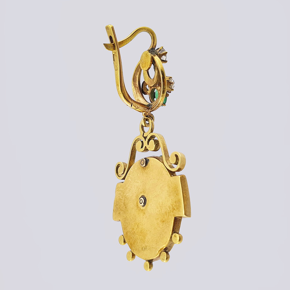 Серьги подвески с изумрудами и бриллиантами из золота 56 пробы 19 века