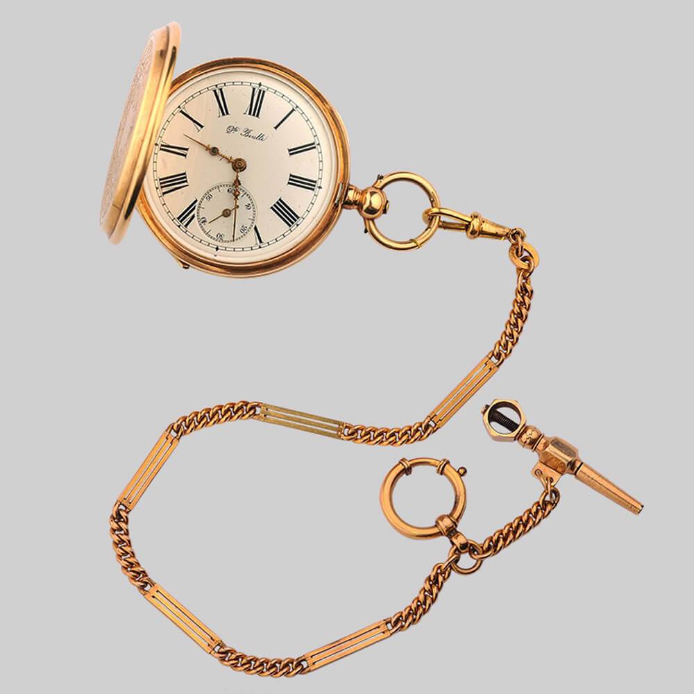 Золотые карманные часы с цепочкой и ключом Henri-Leuba, Швейцария 19 век