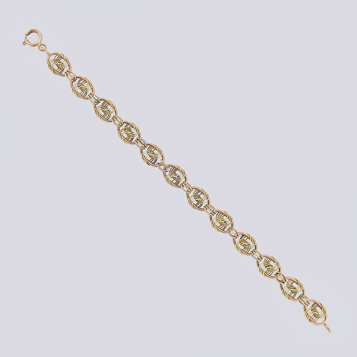 Золотой браслет со сложными узлами из двухцветного золота конца 19 века (21 см, 585 проба)