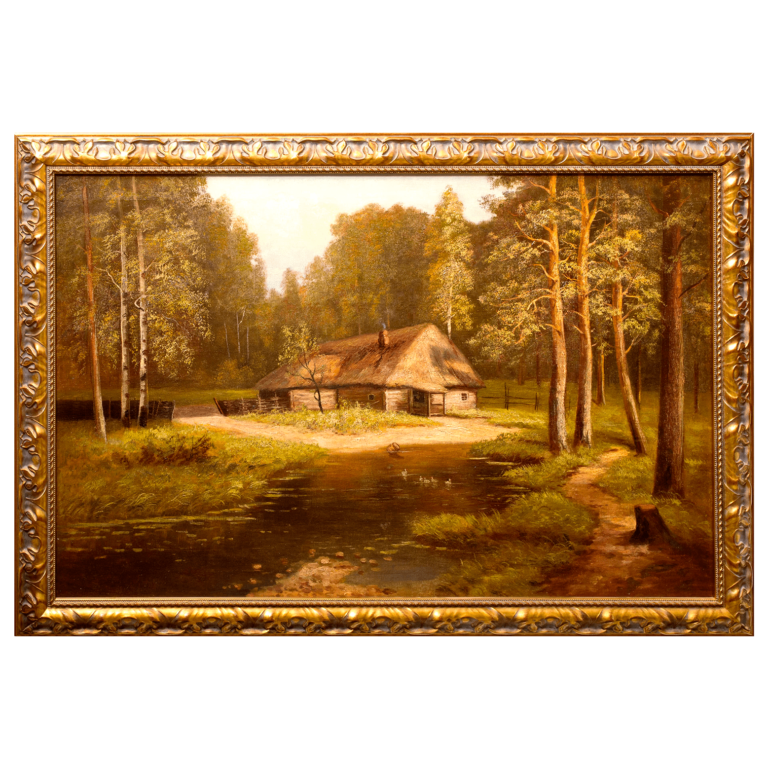 Картина «Домик у лесного озера» конца 19 века, Зап. Европа, холст, масло