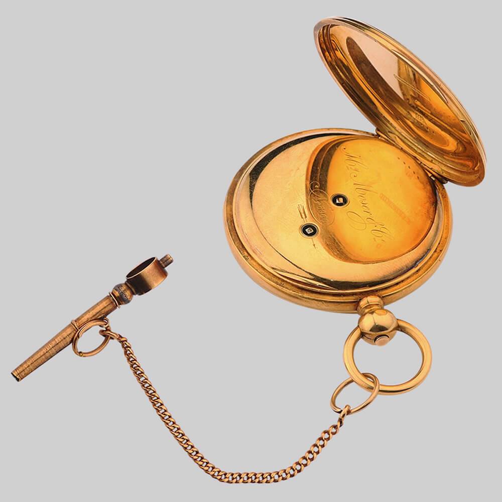 Золотые карманные часы с цепью и ключом H. Moser, Швейцария 19 век