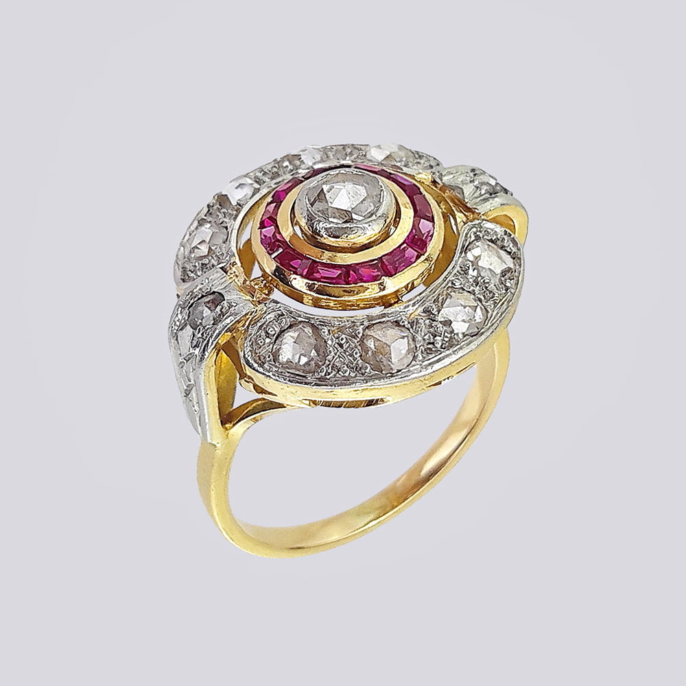Кольцо с алмазами и рубинами в стиле арт-деко из золота 585 пробы