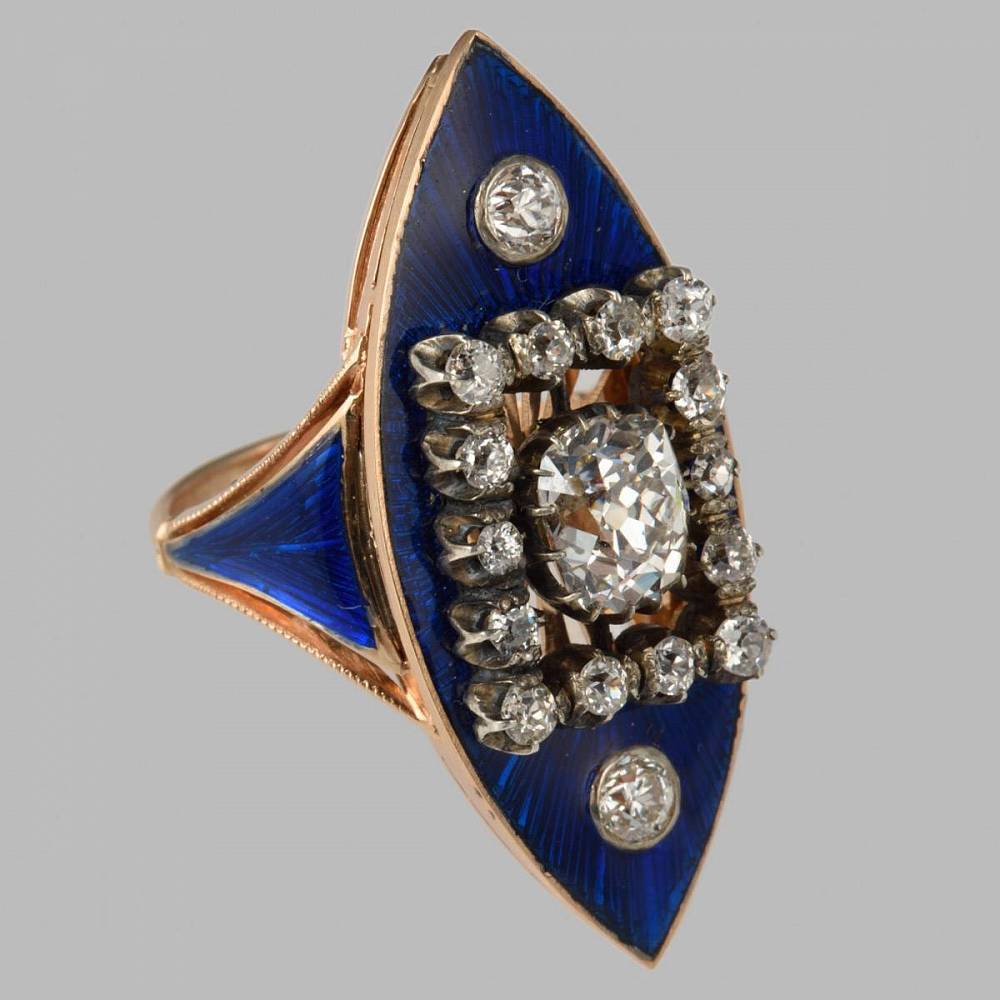 Кольцо маркиз с синей эмалью и бриллиантами из золота 56 пробы 19 века