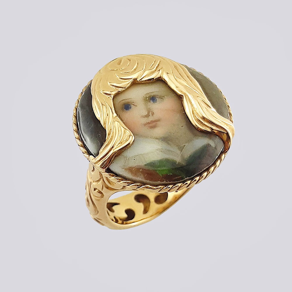 Авторское кольцо со старинной фарфоровой вставкой из золота 585 пробы