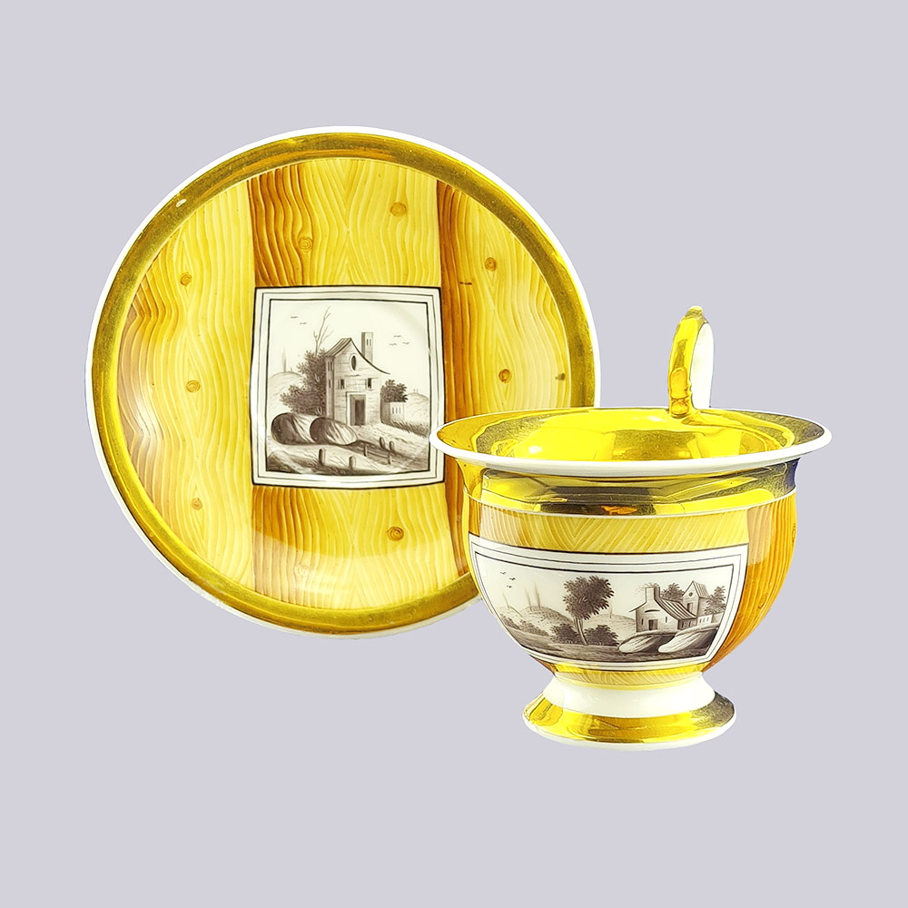 Чайная пара чашка с блюдцем в стиле ампир с монохромным пейзажем (Завод Гарднеръ, 19 век)