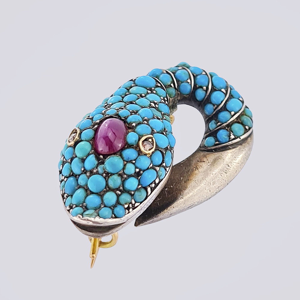 Брошь «Змея» с бирюзой, рубином и алмазами из золота 56 пробы 19 века