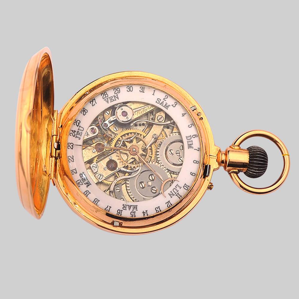 Двухсторонние золотые карманные часы с календарем 19 века (Швейцария)
