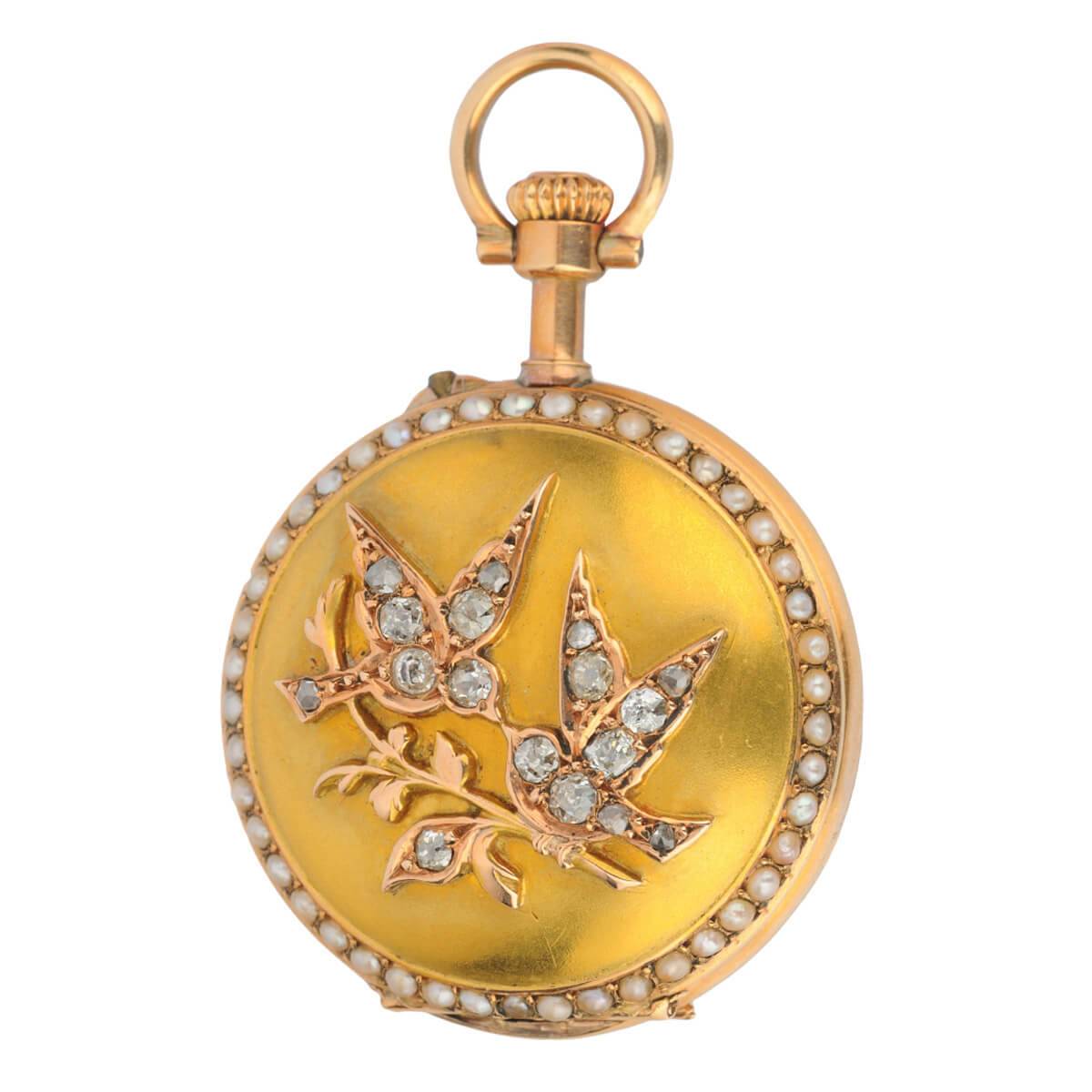 Золотые карманные часы-кулон «Две птицы» с бриллиантами и речным жемчугом 19 века