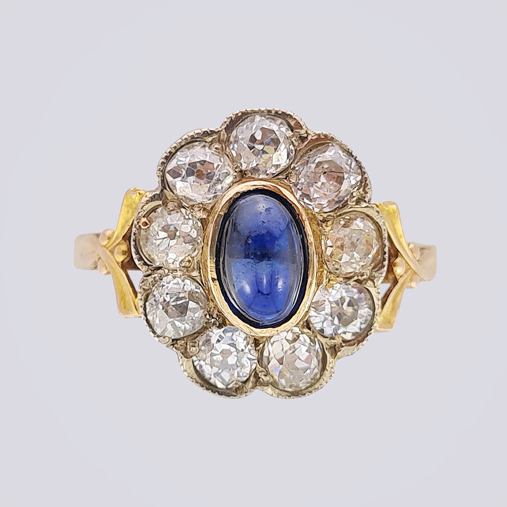 Кольцо с бриллиантами старой огранки и сапфиром кабошон из золота 585 пробы 19 века