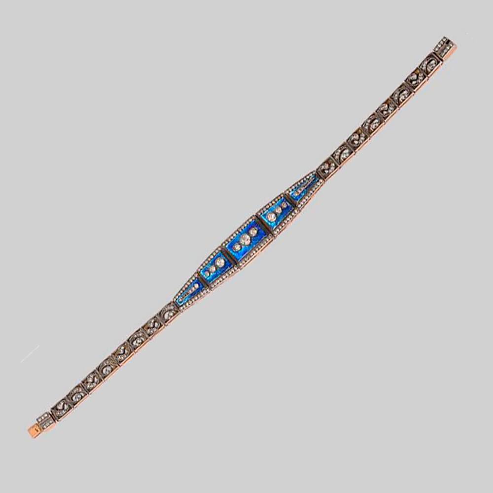 Авторский браслет с голубой гильошированной эмали с бриллиантами из золота 56 пробы