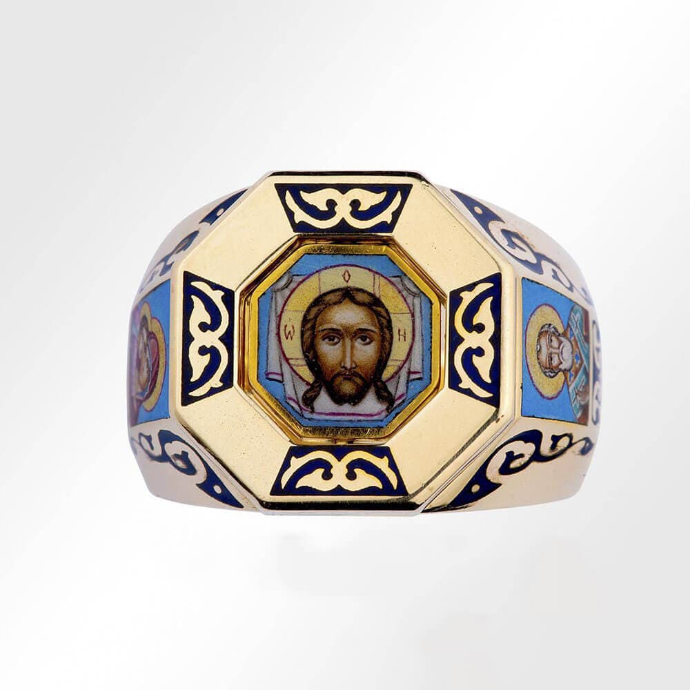 Авторское кольцо с расписной эмалью христианской тематики из золота 585 пробы
