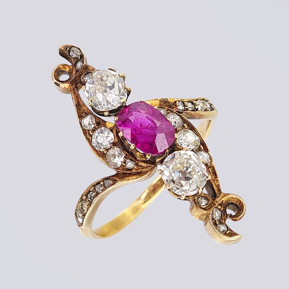 Кольцо золотое с природным рубином и бриллиантами 19 века