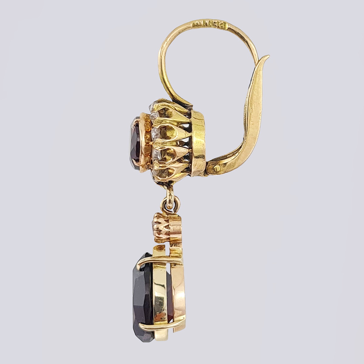 Русские антикварные золотые серьги с алмазами и гранатами начала 20 века