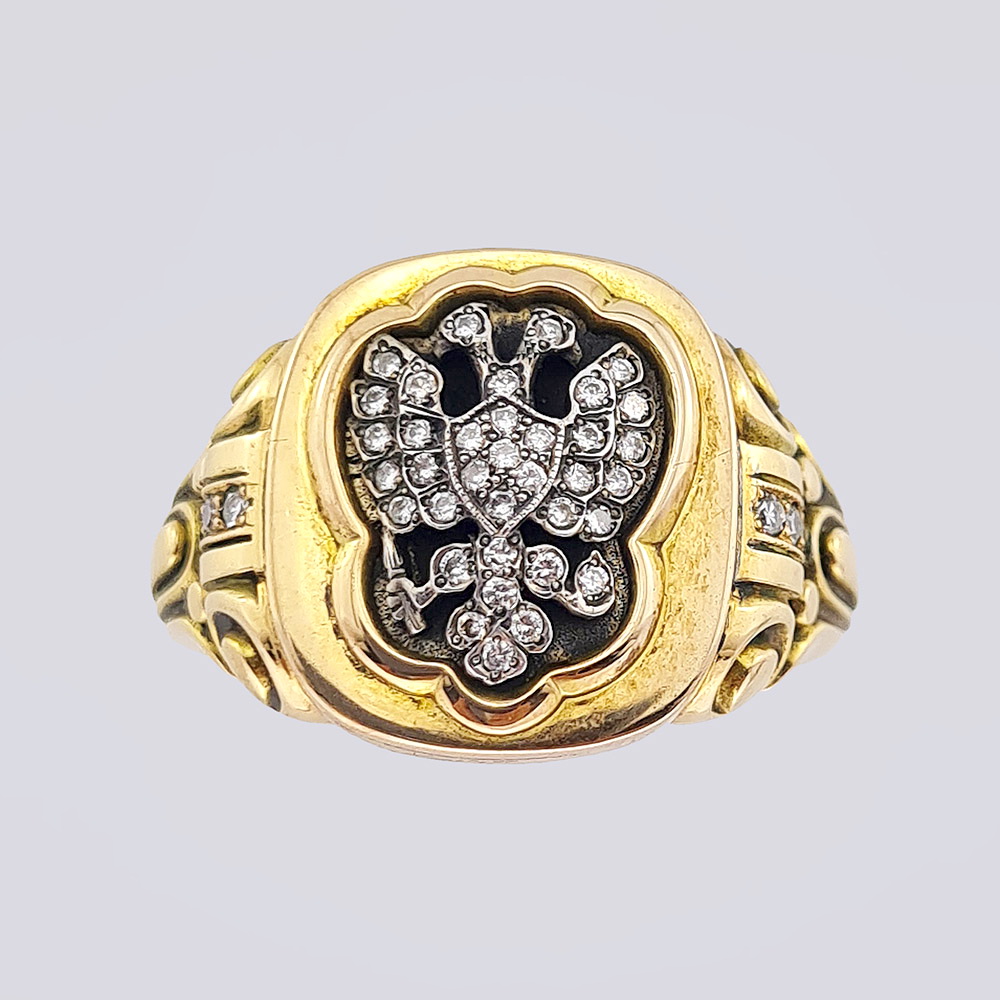 Перстень с двуглавым орлом из золота 585 пробы с бриллиантами