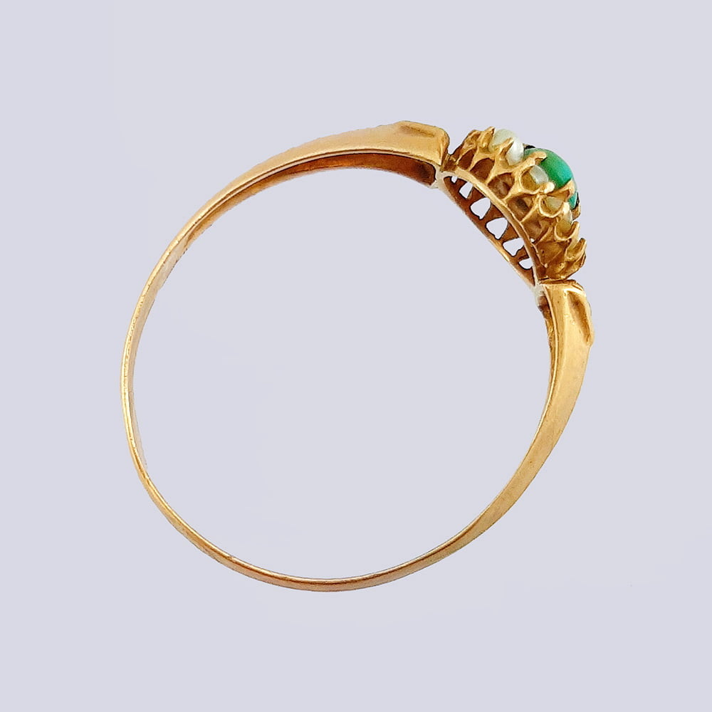 Золотое русское кольцо в форме «малина» с бирюзой и жемчугом