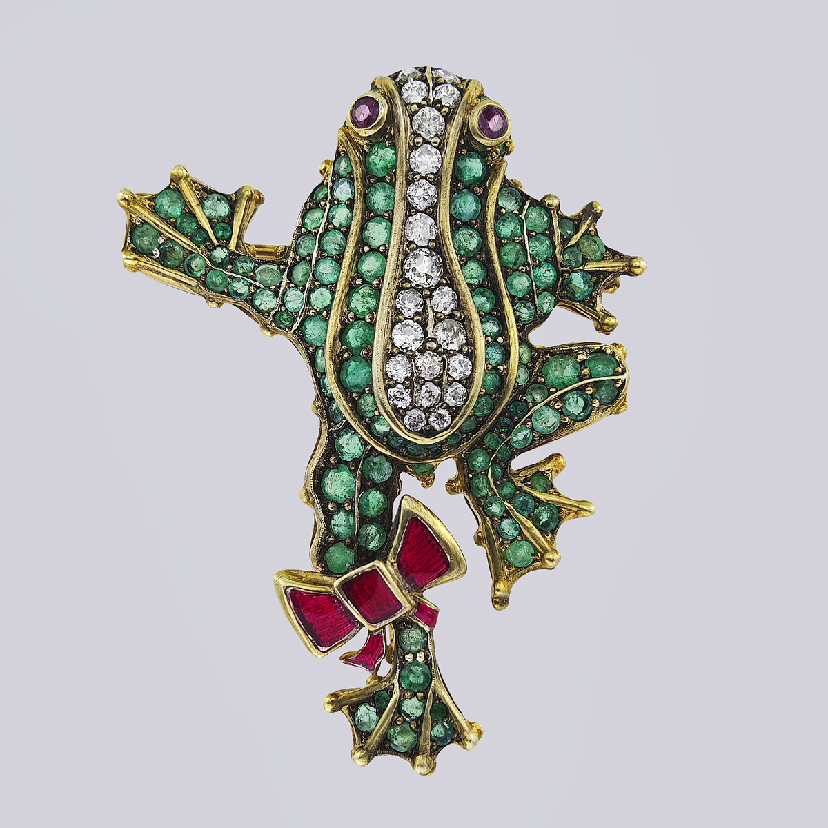 Брошь " Лягушка с бантиком" золото 56 проба изумруды и бриллианты старой огранки