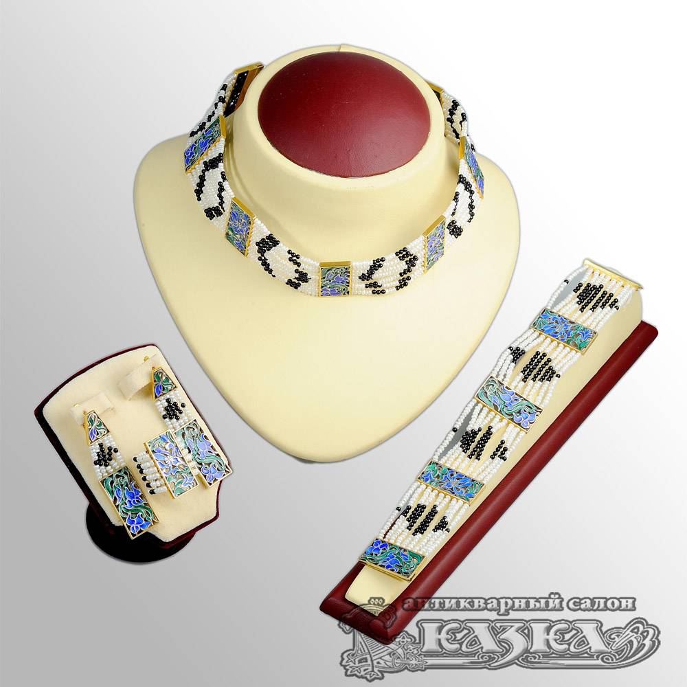 Авторский комплект браслет-манжет, кольцо, серьги и колье из серебра 875 пробы, жемчуга и агата