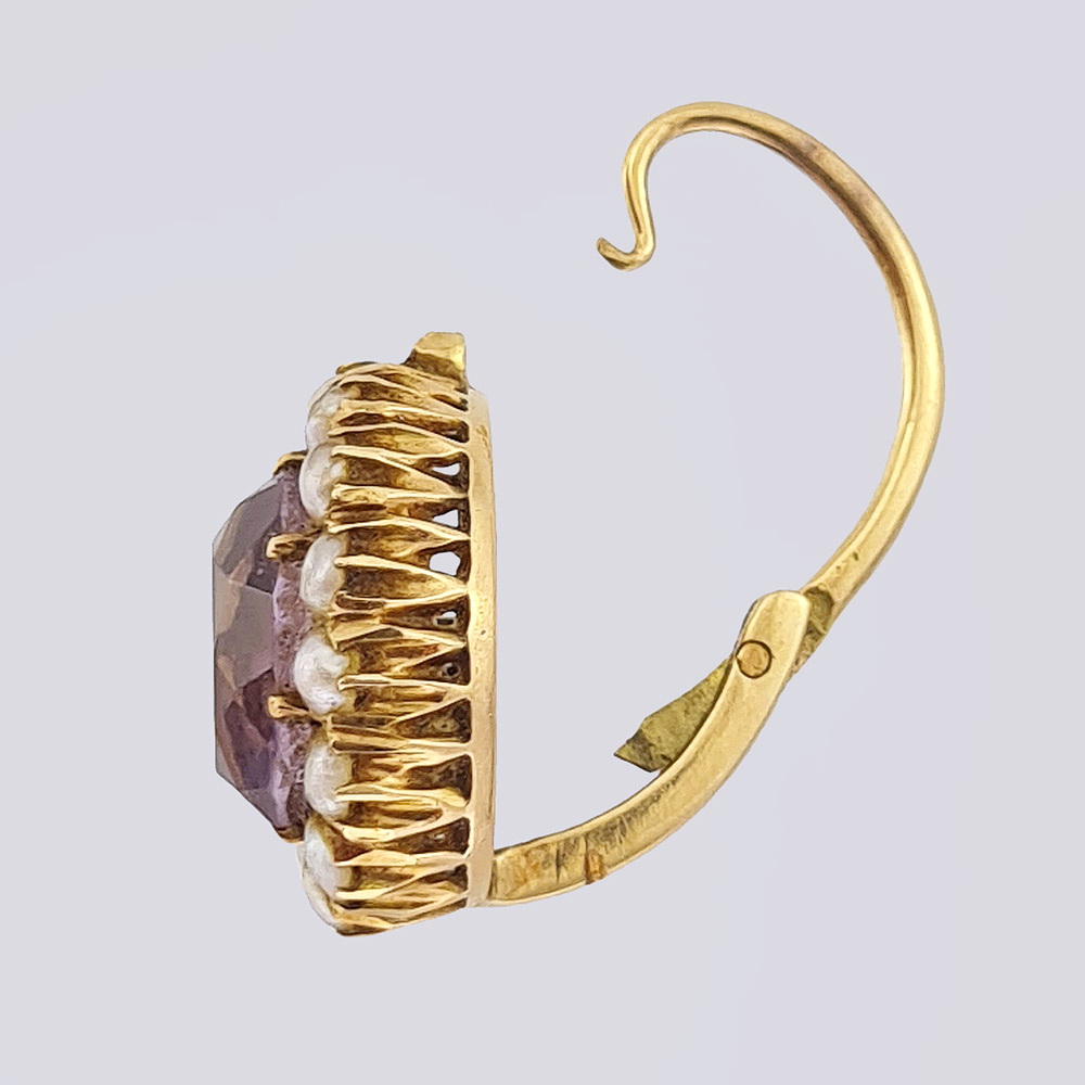 Серьги из золота 56 пробы с аметистами и речным жемчугом