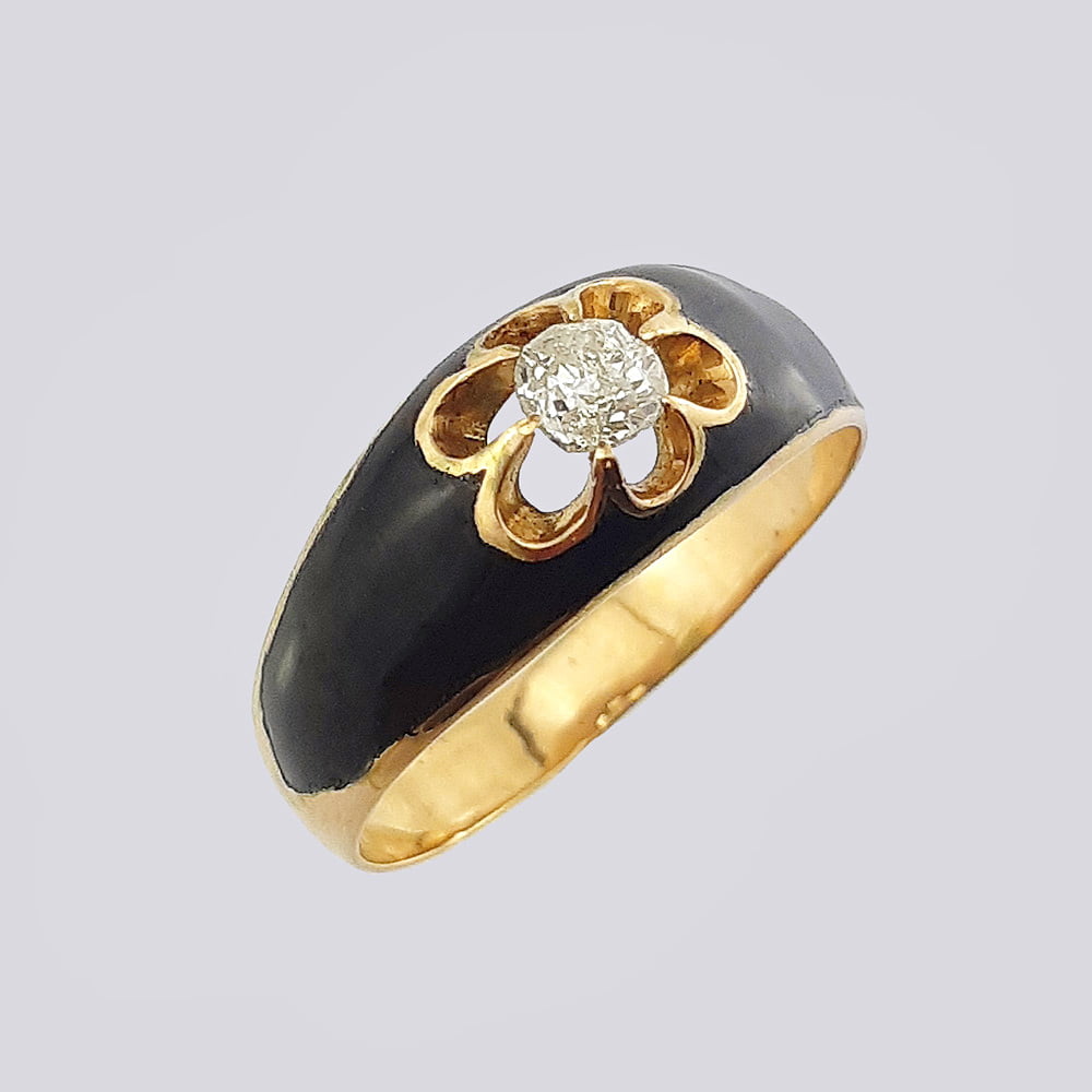 Кольцо из золота 583 пробы с бриллиантом и черной эмалью