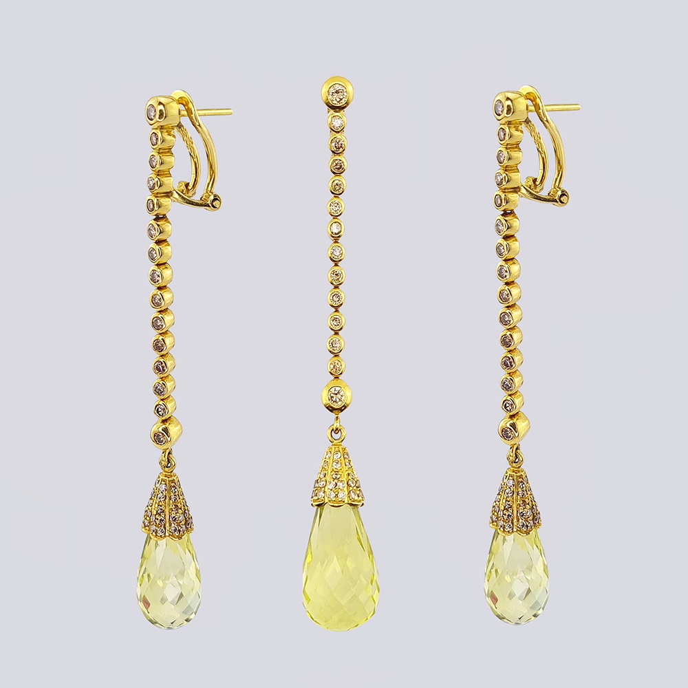 Золотой комплект «Серьги и подвеска» с фантазийного цвета бриллиантами и природными цитринами
