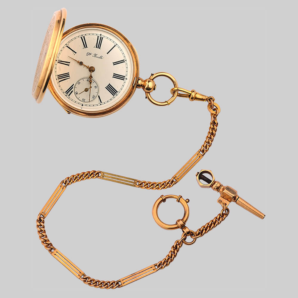 Карманные часы с золотыми цепочкой и ключом Henri-Leuba, Швейцария 19 век
