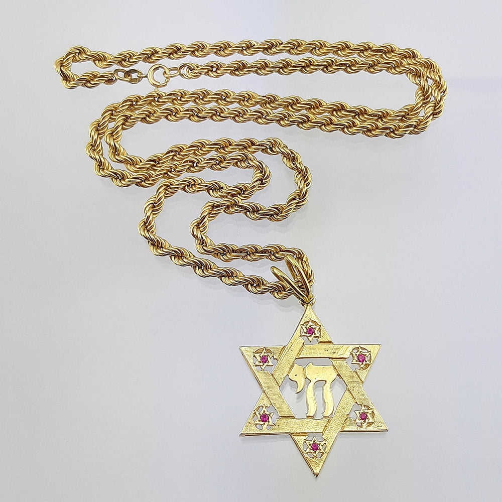 Подвеска «Звезда Давида» с рубинами на цепочке веревке из золота 585 пробы