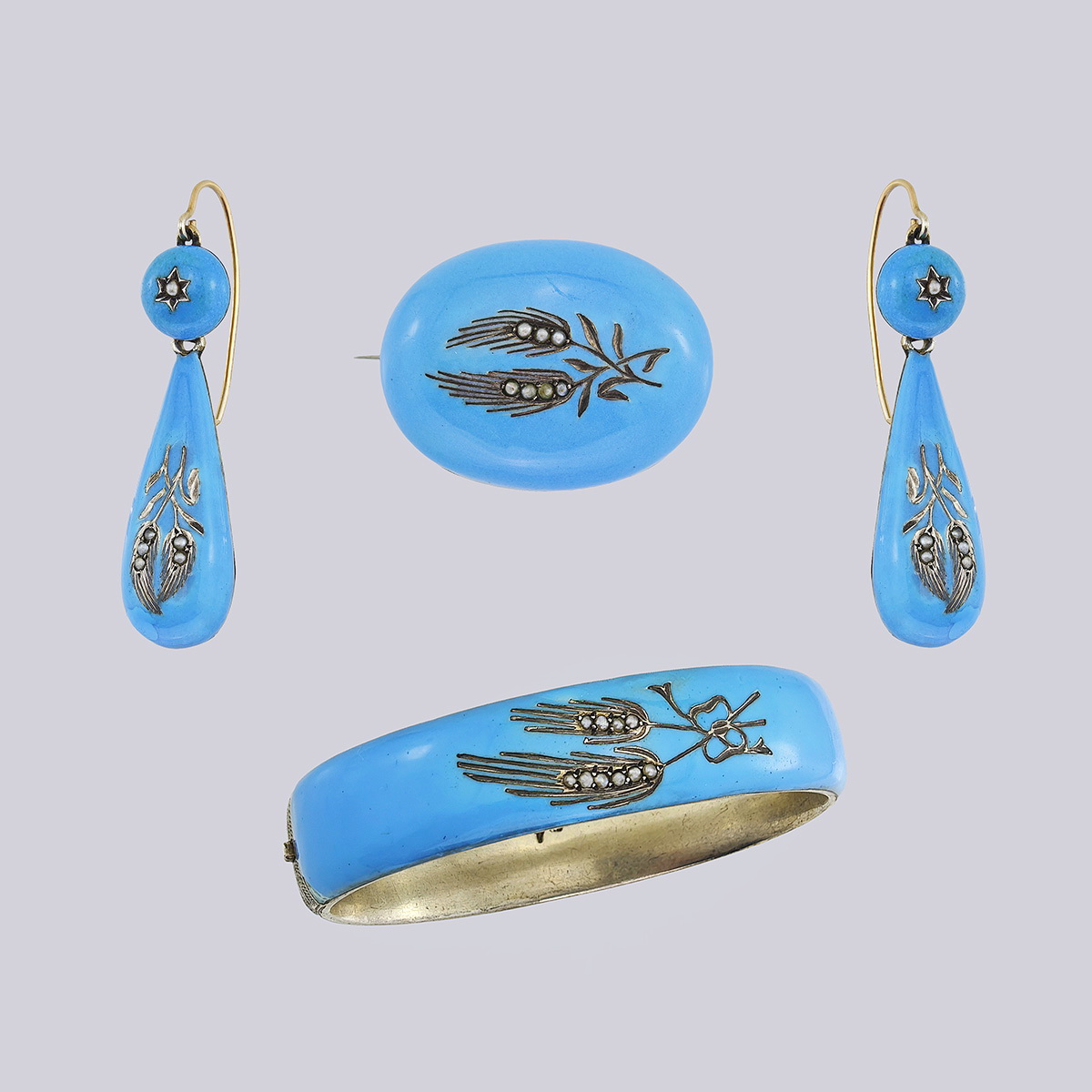 Комплект из броши, браслета и серёг в бирюзовой эмали «Колоски» с речным жемчугом