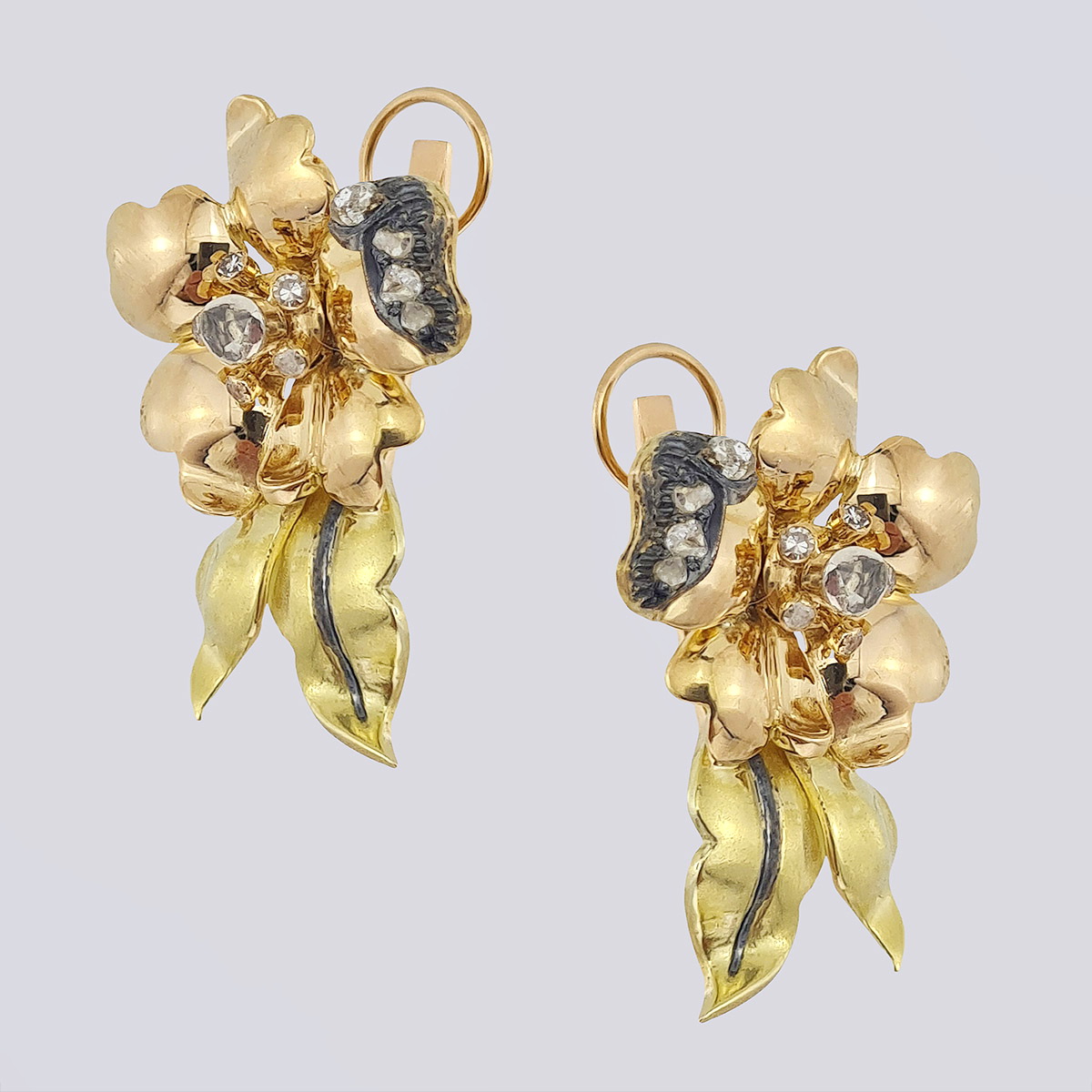 Антикварные серьги «Цветы» из золота 585 пробы с бриллиантами старой огранки и алмазами