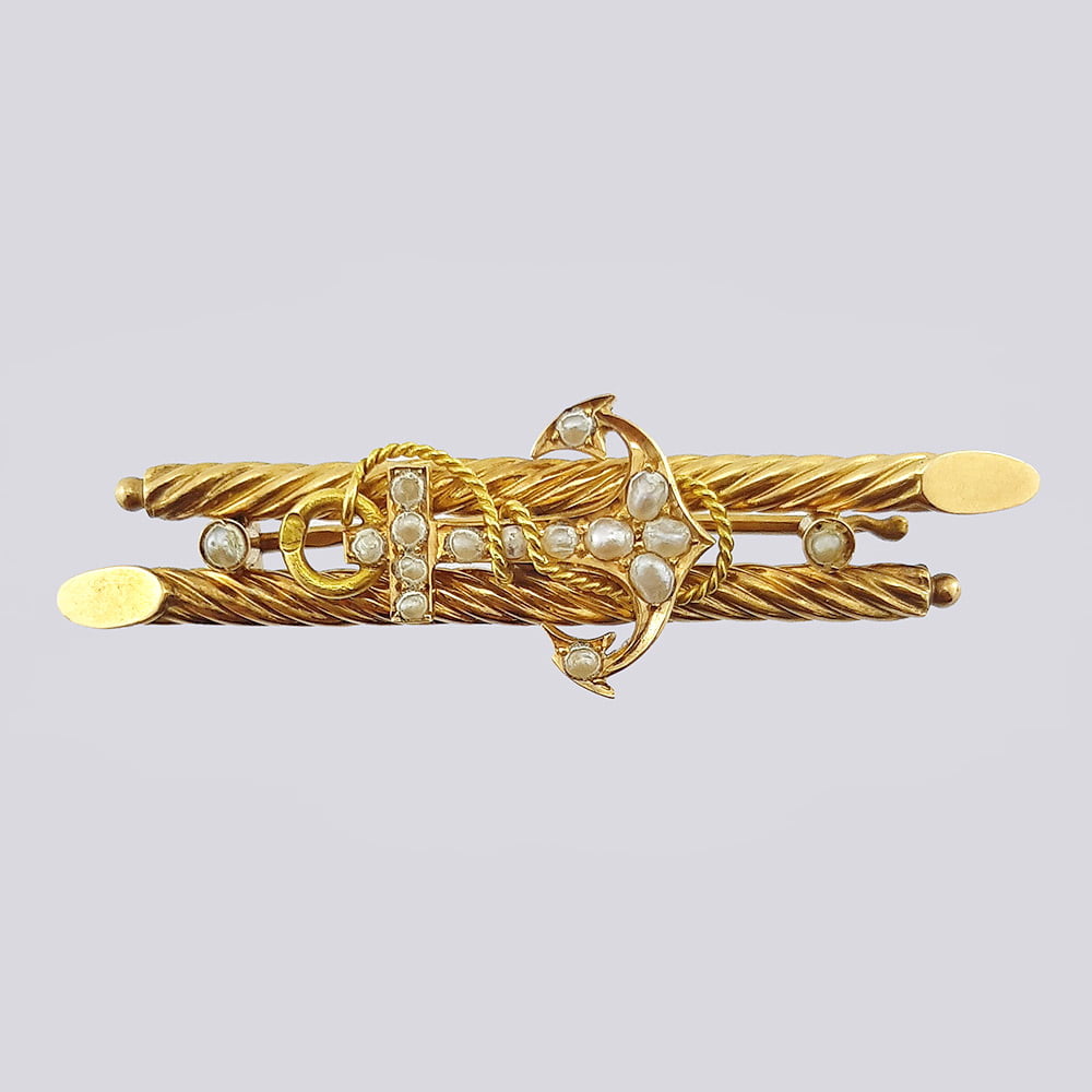 Брошь «Якорь» из золота 56 пробы с натуральным речным жемчугом 19 века