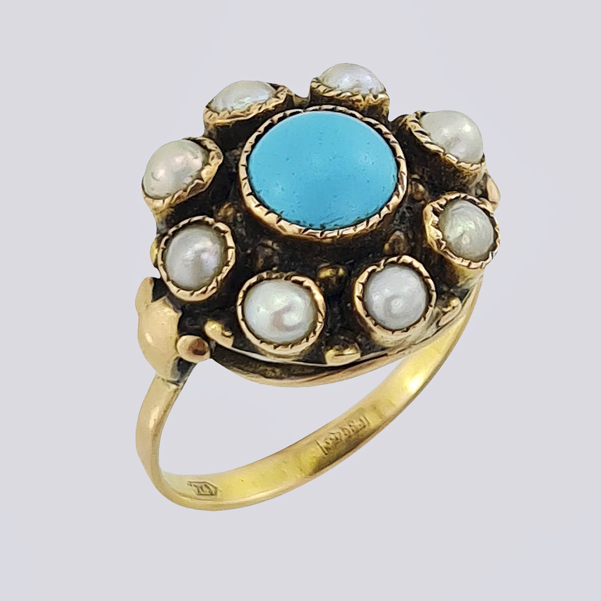 Золотое кольцо 583 пробы с природной бирюзой и природным морским жемчугом