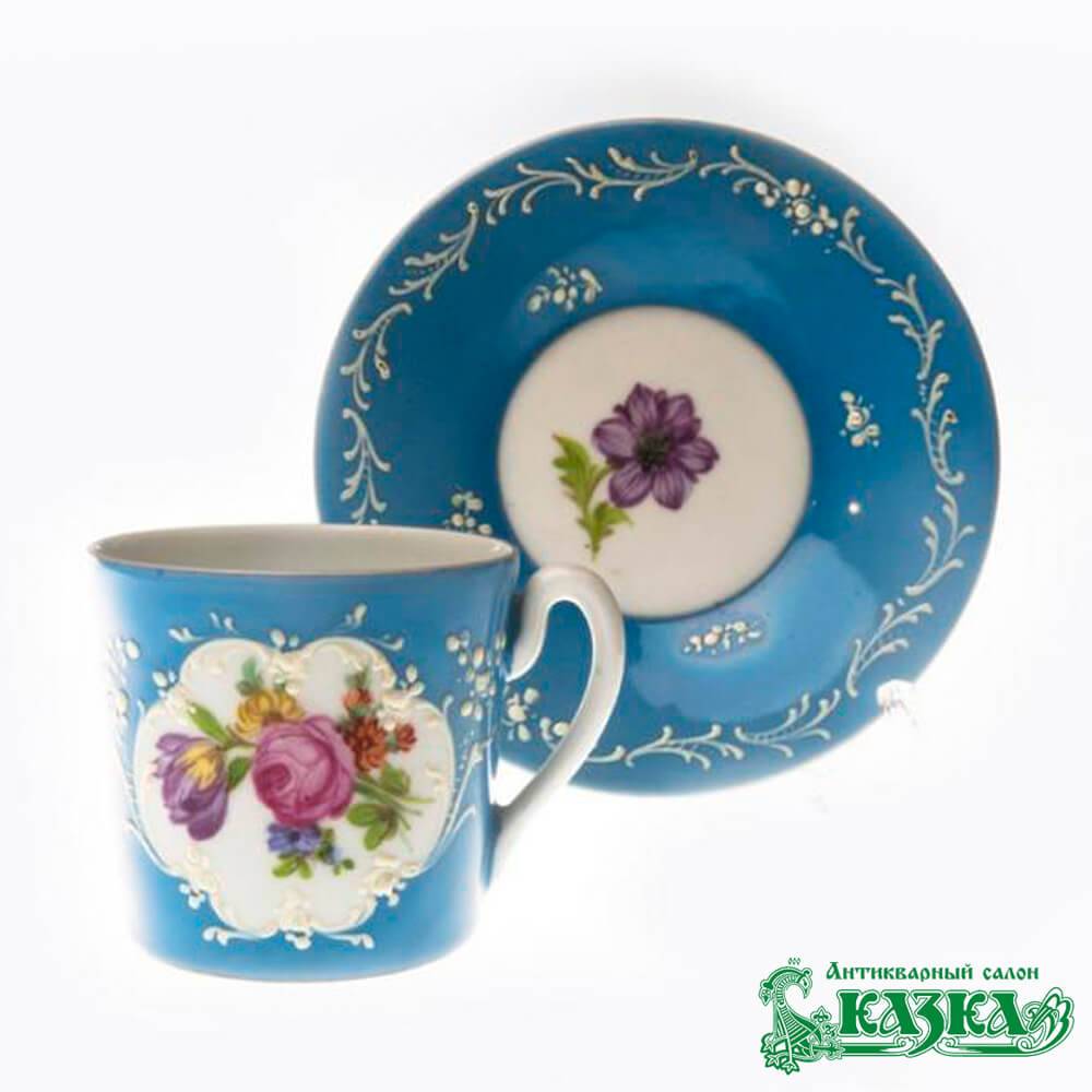 Чайная пара голубая с садовыми цветами (Австрия, 19 века)