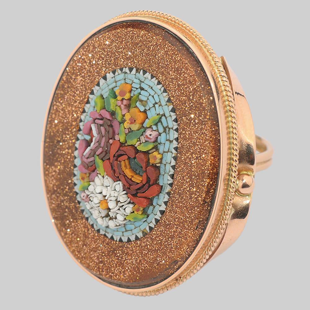 Авторское кольцо с флорентийской мозаикой в авантюрине из золота 585 пробы