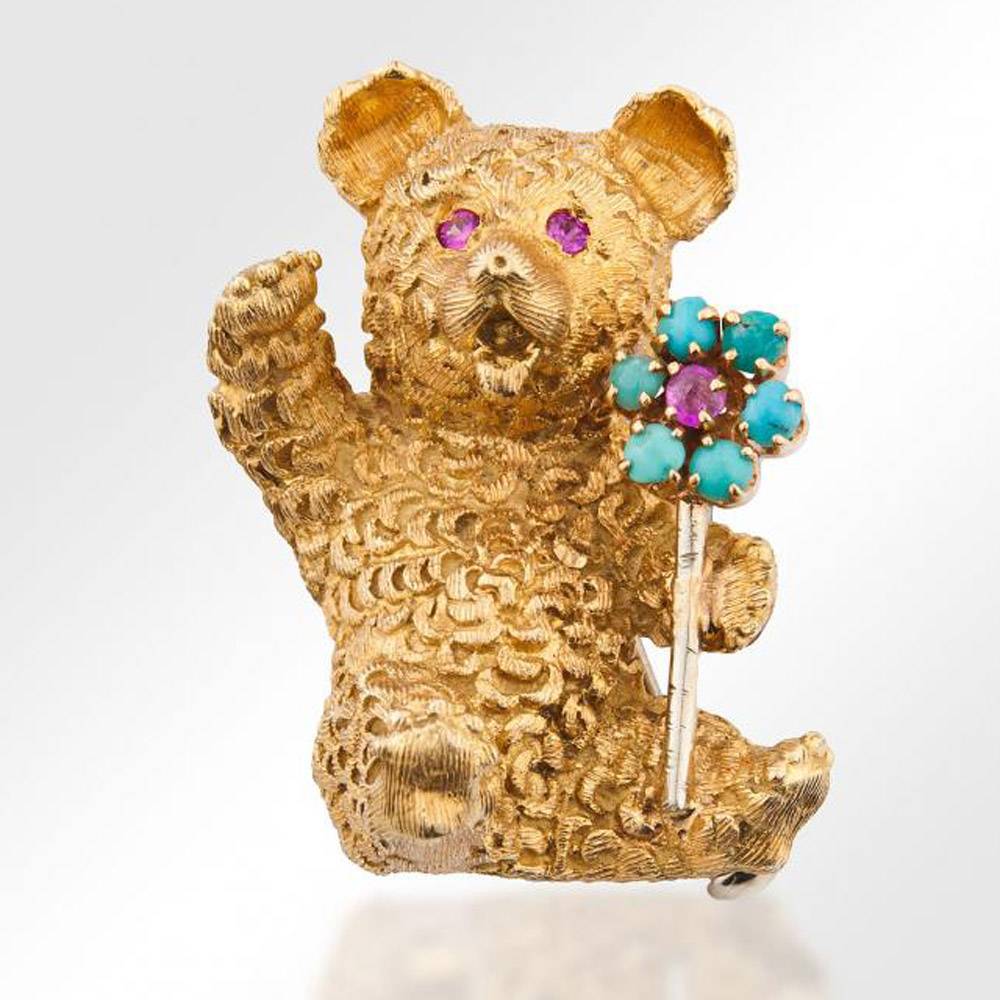 Авторская брошь «Медведь» с бирюзой и рубинами из золота 750 пробы (Италия)