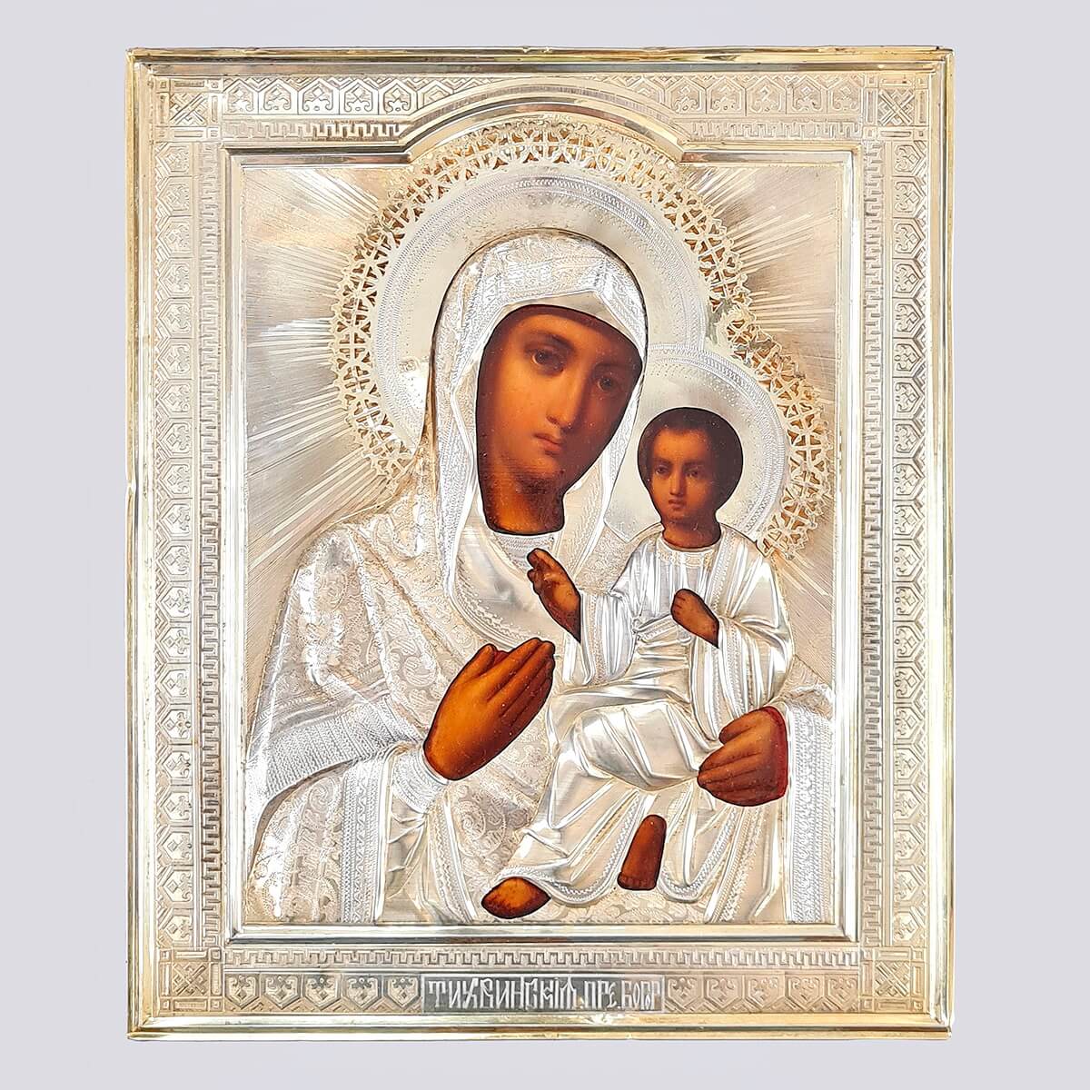 Икона «Тихвинская Пресвятая Богородица» с серебряном окладе и резном киоте в русском стиле