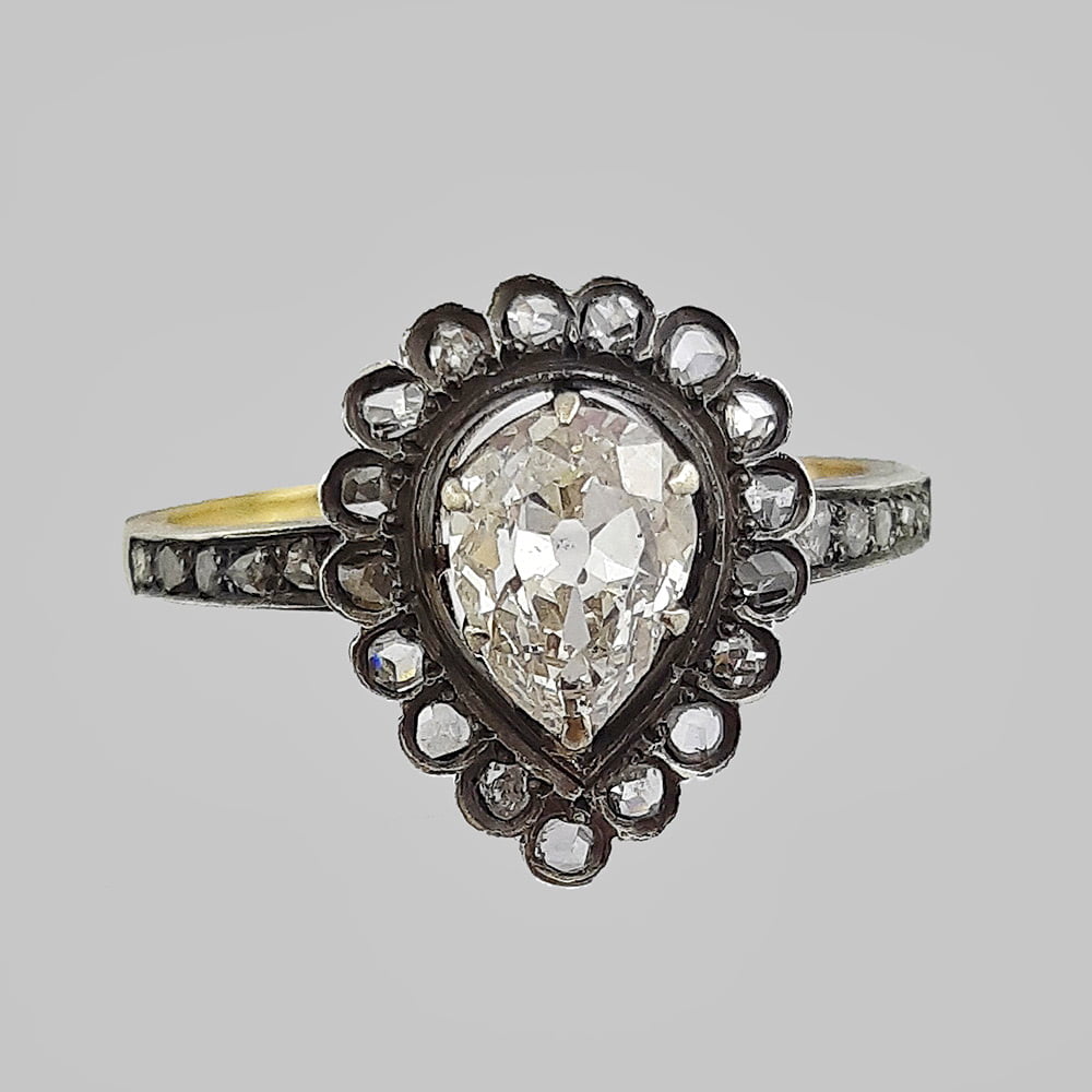 Кольцо с бриллиантом и алмазами каплями из золота 583 пробы 19 века