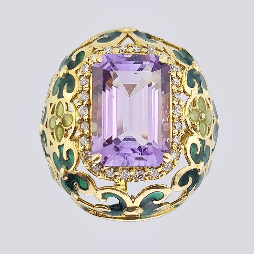 Кольцо золотое с аметистом и бриллиантами в эмали