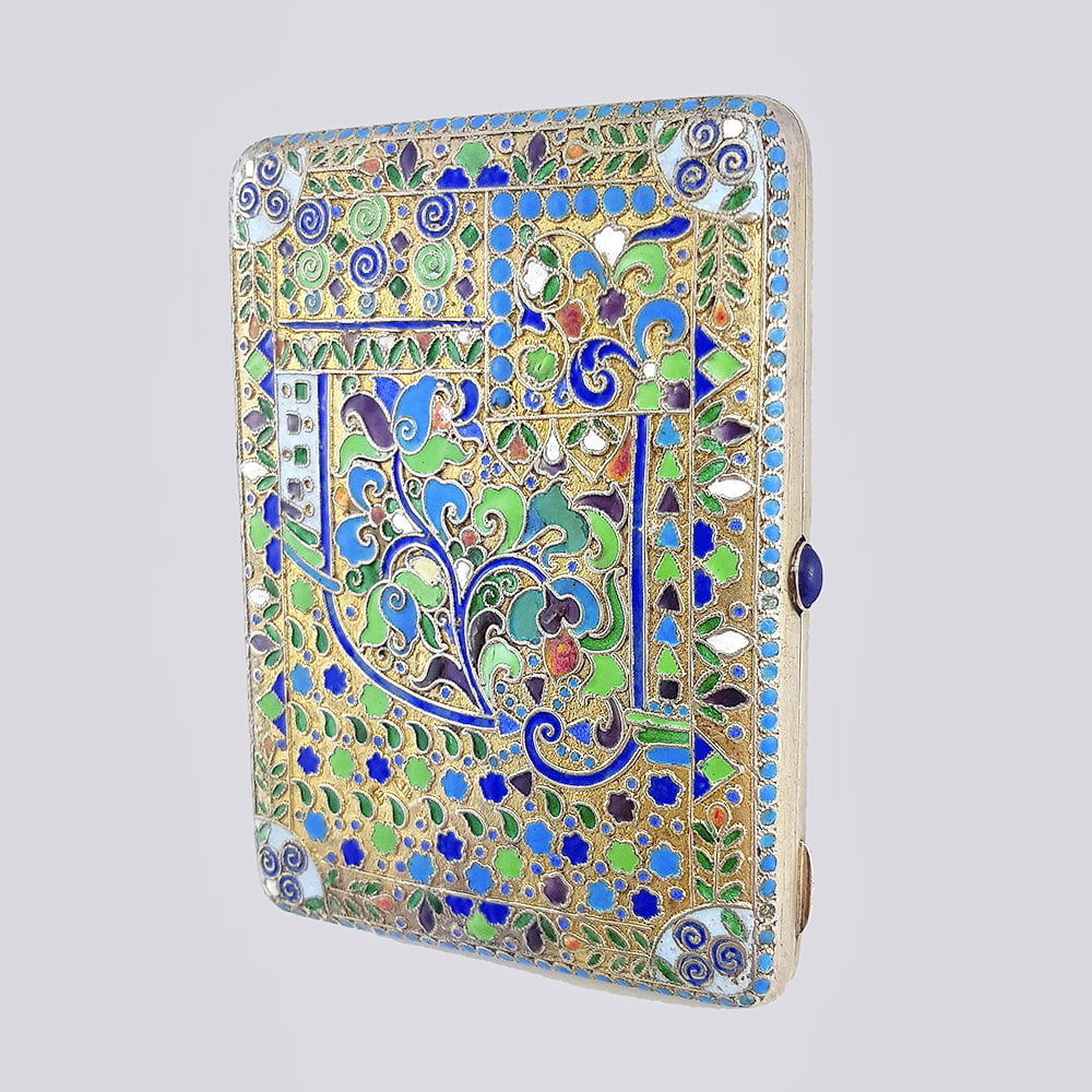 Серебряный портсигар со вставками из эмали и стекла (84 проба, 19 век)