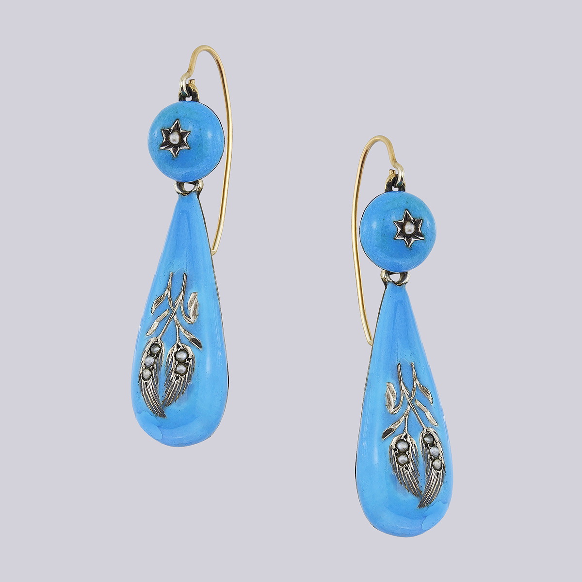 Комплект из броши, браслета и серёг в бирюзовой эмали «Колоски» с речным жемчугом