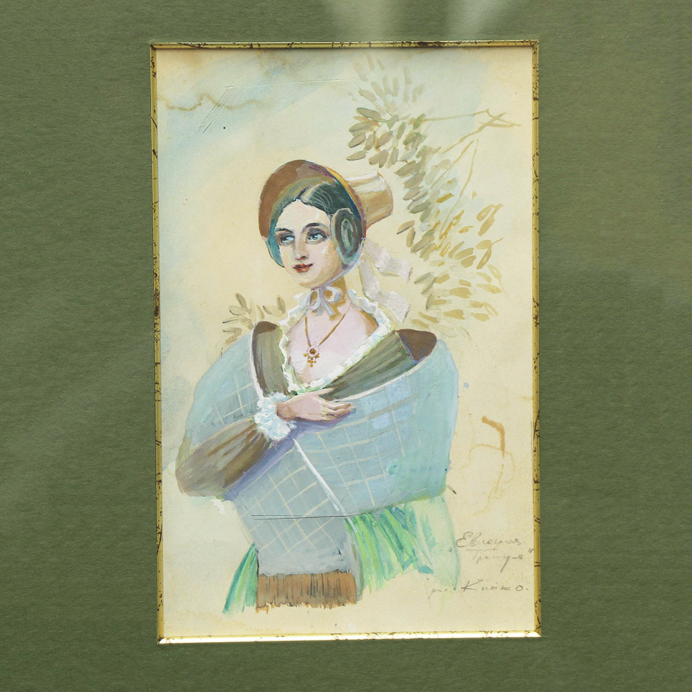 Картина «Дама в шляпке», художник Кийко С. Л., 1967 г., акварель, бумага