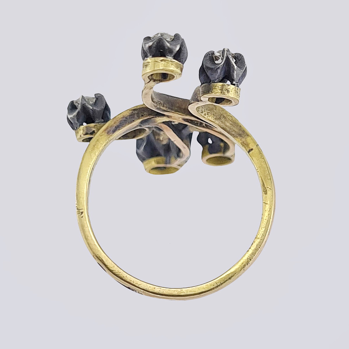 Антикварное золотое кольцо «Ветка» 56 пробы с бриллиантами старой огранки