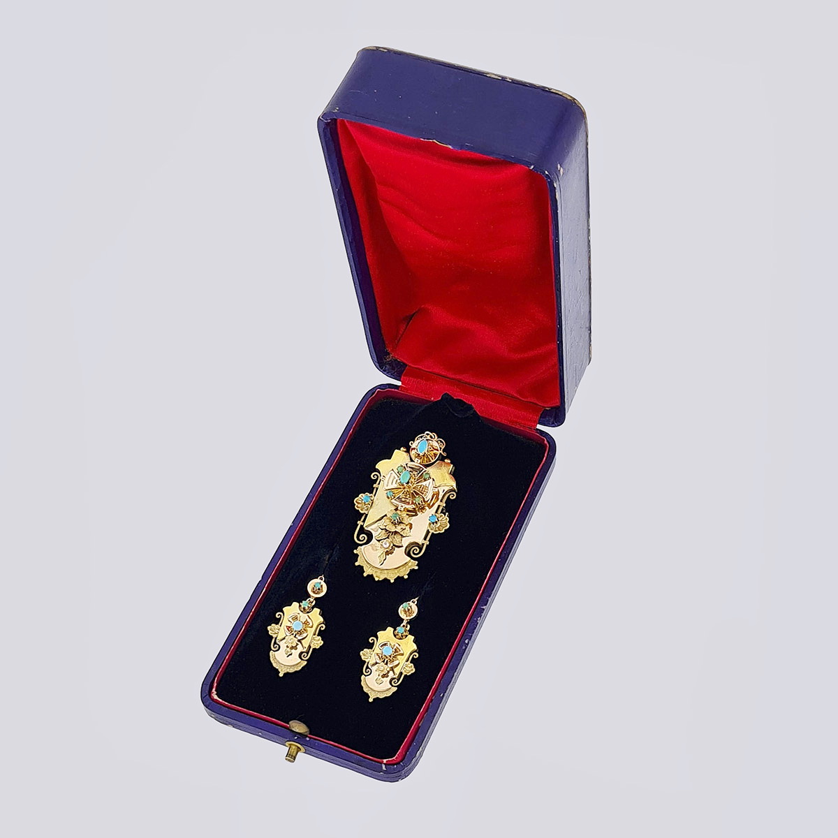 Золотой комплект брошь-подвеска с серьгами с натуральной бирюзой 