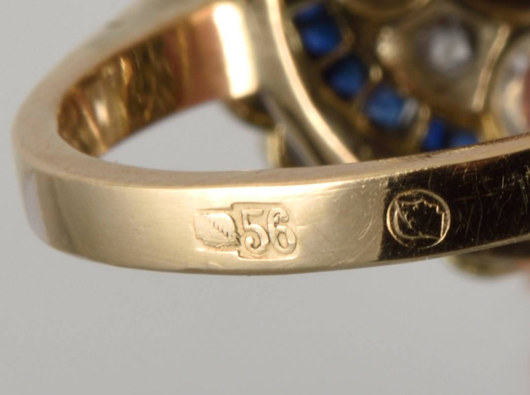 Кольцо Арт-Деко с сапфирами и бриллиантами из золота 56 пробы 20 века