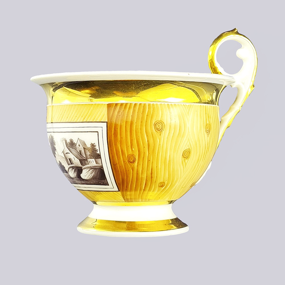 Чайная пара чашка с блюдцем в стиле ампир с монохромным пейзажем (Завод Гарднеръ, 19 век)